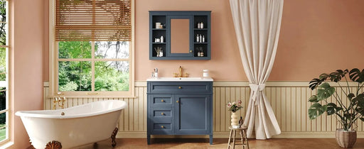 36'' Bathroom Vanity with Top Sink, Modern Bathroom Storage Cabinet with Mirror, 2 Drawers and a Tip-out Drawer, Mirror Cabinet with 6 Open Shelves, Single Sink Bathroom Vanity Default -DTYStore