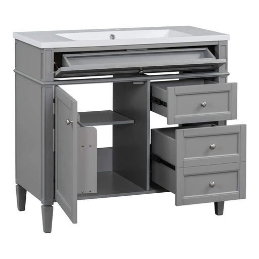 36'' Bathroom Vanity with Top Sink, Modern Bathroom Storage Cabinet with Mirror, 2 Drawers and a Tip-out Drawer, Mirror Cabinet with 6 Open Shelves, Single Sink Bathroom Vanity Default -DTYStore