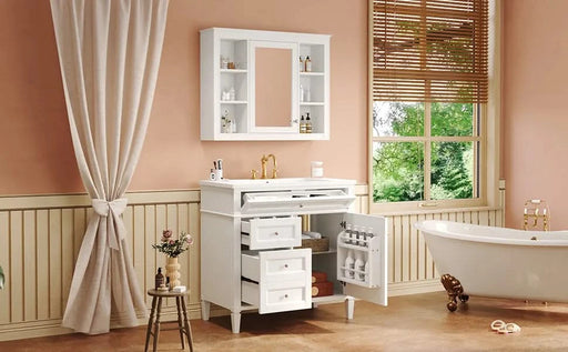 36'' Bathroom Vanity with Top Sink, Modern Bathroom Storage Cabinet with Mirror, 2 Drawers and a Tip-out Drawer, Mirror Cabinet with 6 Open Shelves, Single Sink Bathroom Vanity Default -DTYStore