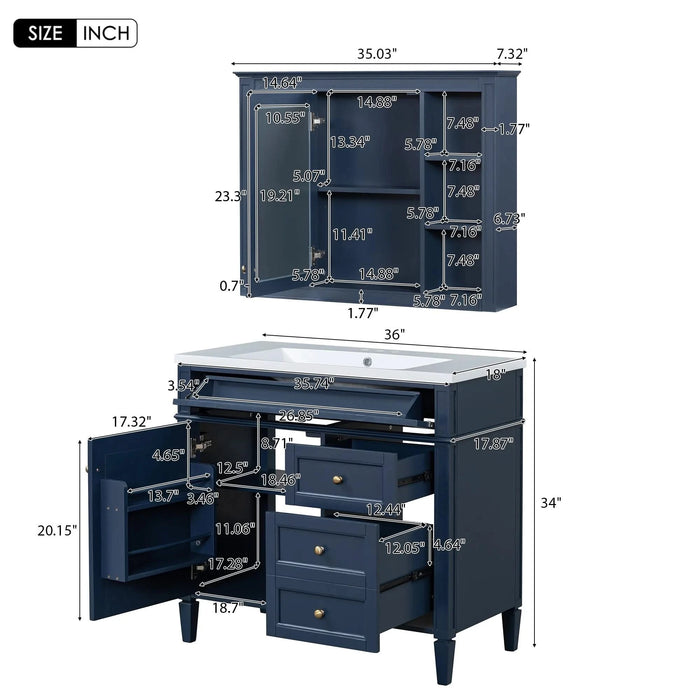 36'' Bathroom Vanity with Top Sink, Modern Bathroom Storage Cabinet with Mirror, 2 Drawers and a Tip-out Drawer, Mirror Cabinet with 6 Open Shelves, Single Sink Bathroom Vanity Default -DTYStore