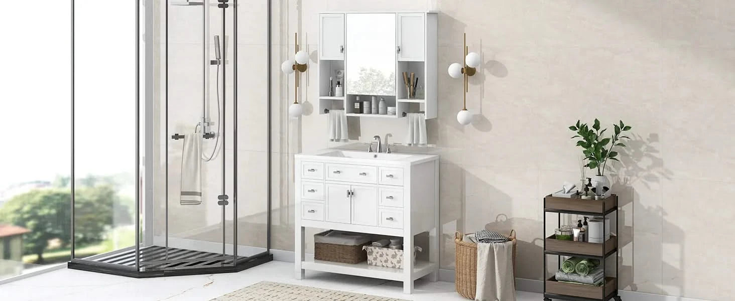 36'' Bathroom Vanity with Top Sink, Modern Mirror Cabinet with Towels Bar, Bathroom Storage Cabinet with 2 Soft Closing Doors and 6 Drawers, Single Sink Bathroom Vanity Default -DTYStore