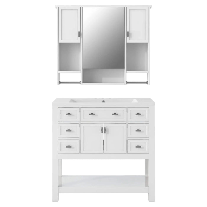36'' Bathroom Vanity with Top Sink, Modern Mirror Cabinet with Towels Bar, Bathroom Storage Cabinet with 2 Soft Closing Doors and 6 Drawers, Single Sink Bathroom Vanity Default -DTYStore