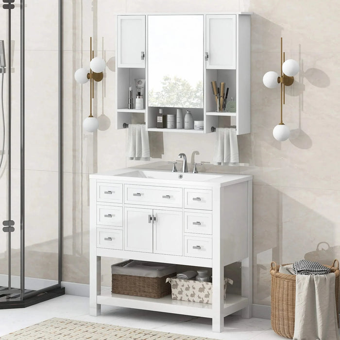 36'' Bathroom Vanity with Top Sink, Modern Mirror Cabinet with Towels Bar, Bathroom Storage Cabinet with 2 Soft Closing Doors and 6 Drawers, Single Sink Bathroom Vanity Default -DTYStore