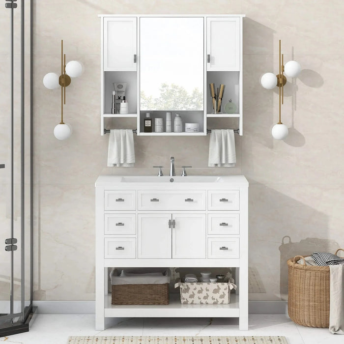 36'' Bathroom Vanity with Top Sink, Modern Mirror Cabinet with Towels Bar, Bathroom Storage Cabinet with 2 Soft Closing Doors and 6 Drawers, Single Sink Bathroom Vanity Default -DTYStore