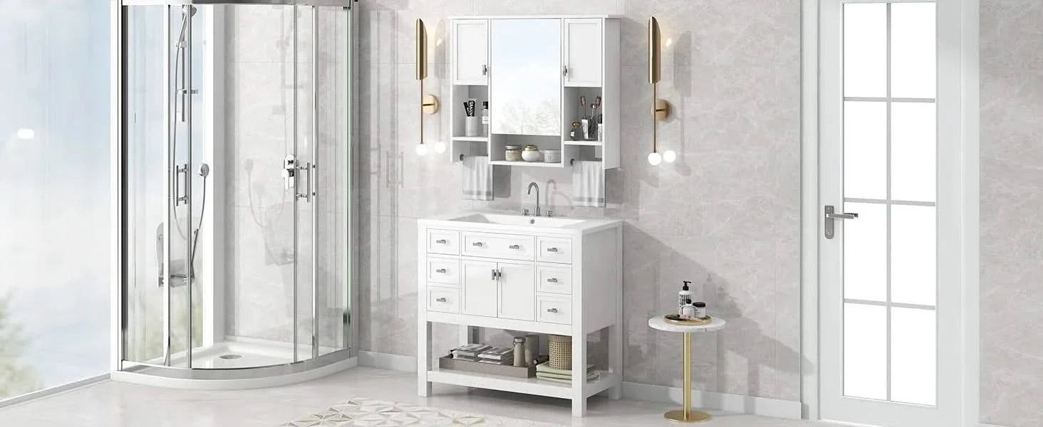 36'' Bathroom Vanity with Top Sink, Modern Mirror Cabinet with Towels Bar, Bathroom Storage Cabinet with 2 Soft Closing Doors and 6 Drawers, Single Sink Bathroom Vanity Default -DTYStore