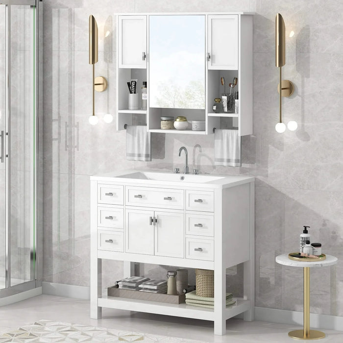 36'' Bathroom Vanity with Top Sink, Modern Mirror Cabinet with Towels Bar, Bathroom Storage Cabinet with 2 Soft Closing Doors and 6 Drawers, Single Sink Bathroom Vanity Default -DTYStore