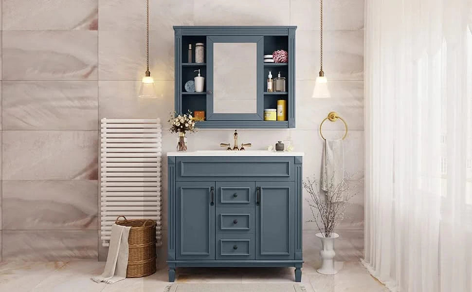36'' Bathroom Vanity with Top Sink, Royal Blue Mirror Cabinet, Modern Bathroom Storage Cabinet with 2 Soft Closing Doors and 2 Drawers, Single Sink Bathroom Vanity Default -DTYStore