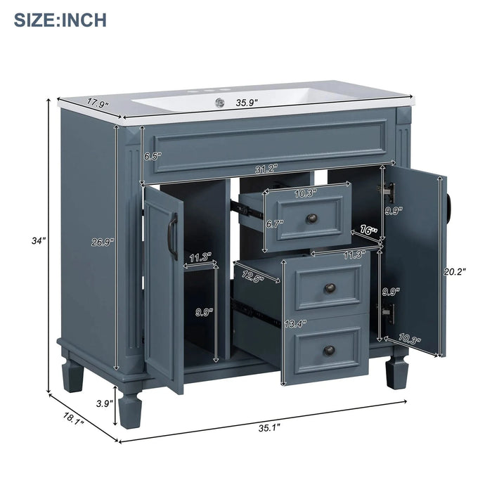 36'' Bathroom Vanity with Top Sink, Royal Blue Mirror Cabinet, Modern Bathroom Storage Cabinet with 2 Soft Closing Doors and 2 Drawers, Single Sink Bathroom Vanity Default -DTYStore