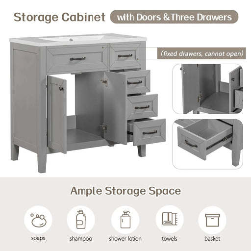 36' Bathroom Vanity without Sink, Cabinet Base Only, Bathroom Cabinet with Drawers, Solid Frame and MDF Board, Grey Default -DTYStore