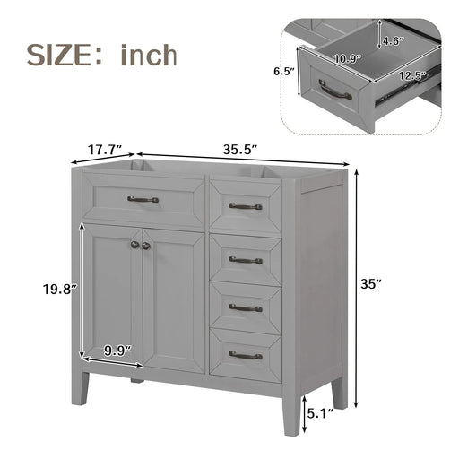 36' Bathroom Vanity without Sink, Cabinet Base Only, Bathroom Cabinet with Drawers, Solid Frame and MDF Board, Grey Default -DTYStore