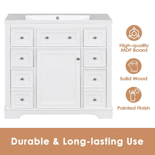 36' Bathroom Vanity without Sink, Cabinet Base Only, One Cabinet and Six Drawers, White Default -DTYStore