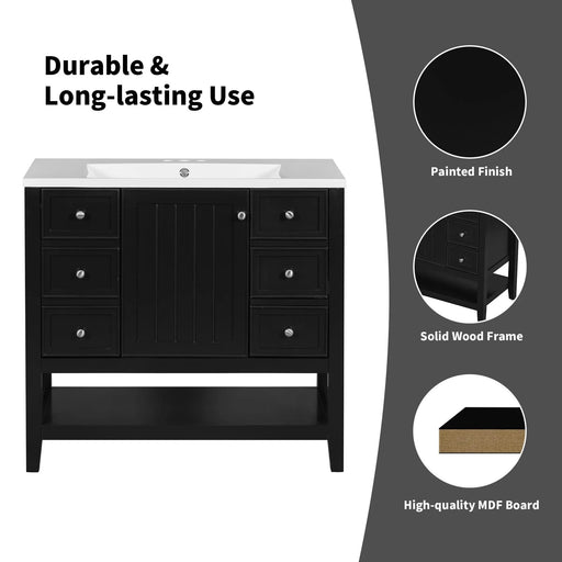 36' Bathroom Vanity without Sink, Cabinet Base Only, One Cabinet and three Drawers, Black Default -DTYStore