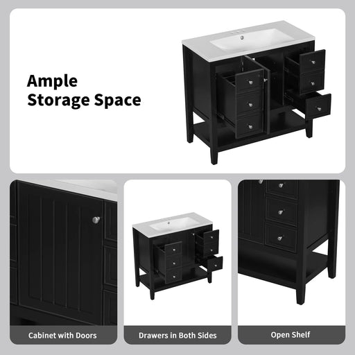 36' Bathroom Vanity without Sink, Cabinet Base Only, One Cabinet and three Drawers, Black Default -DTYStore