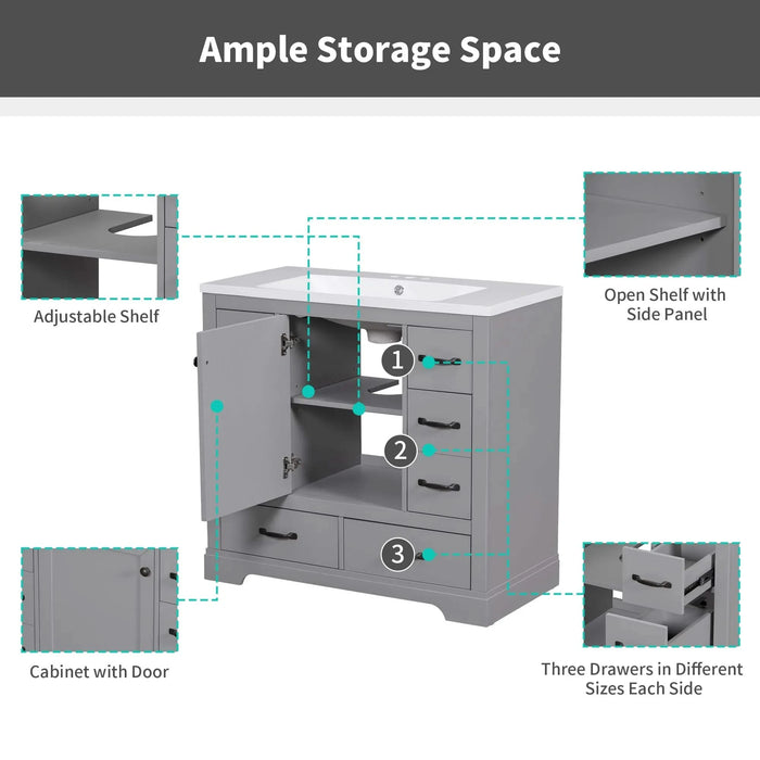 36' Bathroom Vanity without Sink, Cabinet Base Only, Six Drawers, Multi-Functional Drawer Divider, Adjustable Shelf, Grey Default -DTYStore