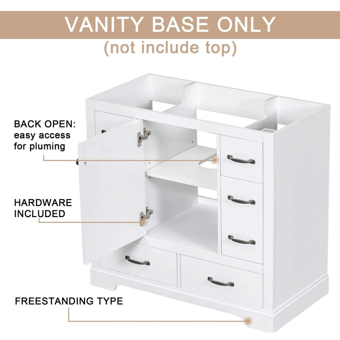 36' Bathroom Vanity without Sink, Cabinet Base Only, Six Drawers, Multi-Functional Drawer Divider, Adjustable Shelf, White Default -DTYStore