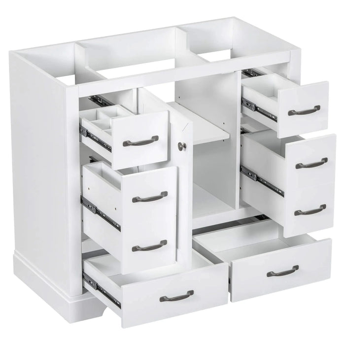 36' Bathroom Vanity without Sink, Cabinet Base Only, Six Drawers, Multi-Functional Drawer Divider, Adjustable Shelf, White Default -DTYStore