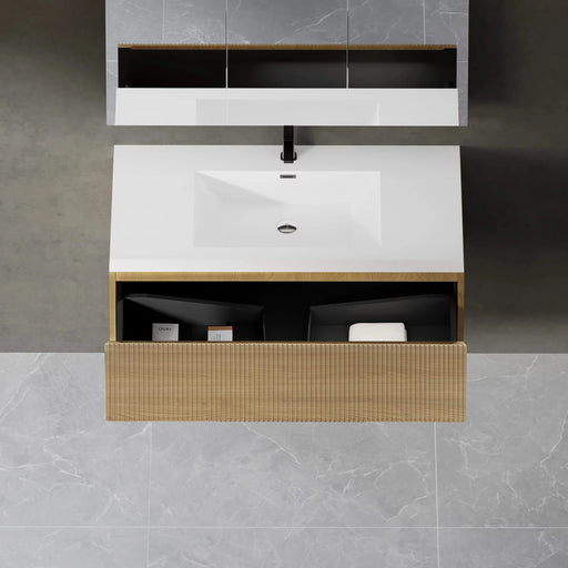 36'' Floating Bathroom Vanity with Sink Combo, Modern Wall-Mounted Striped Bathroom Storage Cabinet with Soft-Close Drawer and Glossy White Solid Surface Basin, Natural Oak 24V16-36NOW Default -DTYStore