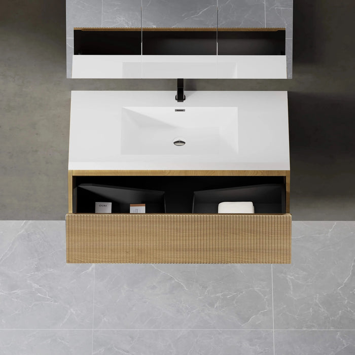 36'' Floating Bathroom Vanity with Sink Combo, Modern Wall-Mounted Striped Bathroom Storage Cabinet with Soft-Close Drawer and Glossy White Solid Surface Basin, Natural Oak 24V16-36NOW Default -DTYStore