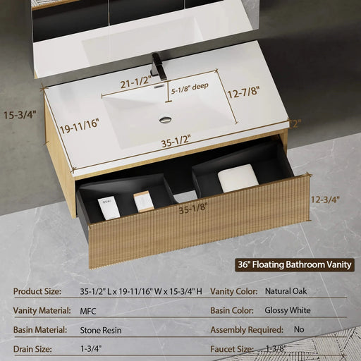 36'' Floating Bathroom Vanity with Sink Combo, Modern Wall-Mounted Striped Bathroom Storage Cabinet with Soft-Close Drawer and Glossy White Solid Surface Basin, Natural Oak 24V16-36NOW Default -DTYStore