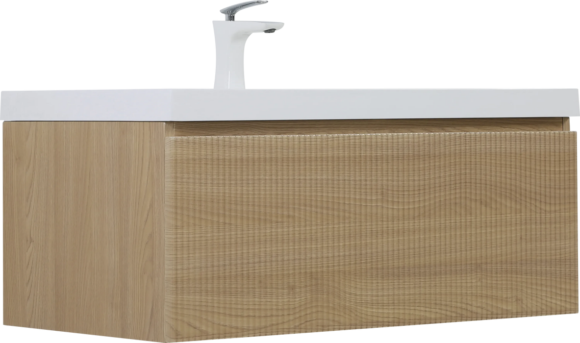 36'' Floating Bathroom Vanity with Sink Combo, Modern Wall-Mounted Striped Bathroom Storage Cabinet with Soft-Close Drawer and Glossy White Solid Surface Basin, Natural Oak 24V16-36NOW Default -DTYStore