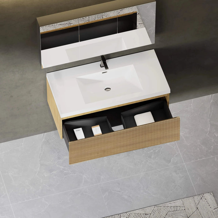 36'' Floating Bathroom Vanity with Sink Combo, Modern Wall-Mounted Striped Bathroom Storage Cabinet with Soft-Close Drawer and Glossy White Solid Surface Basin, Natural Oak 24V16-36NOW Default -DTYStore