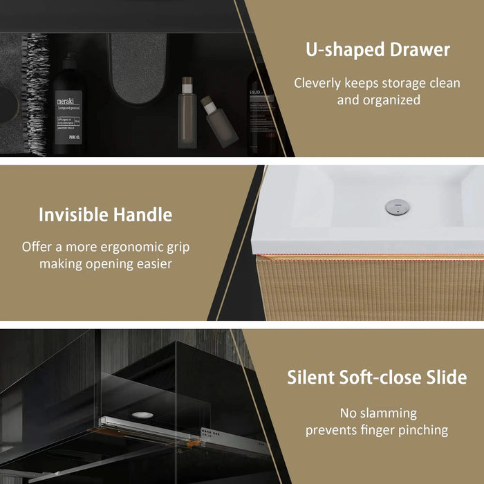 36'' Floating Bathroom Vanity with Sink Combo, Modern Wall-Mounted Striped Bathroom Storage Cabinet with Soft-Close Drawer and Glossy White Solid Surface Basin, Natural Oak 24V16-36NOW Default -DTYStore