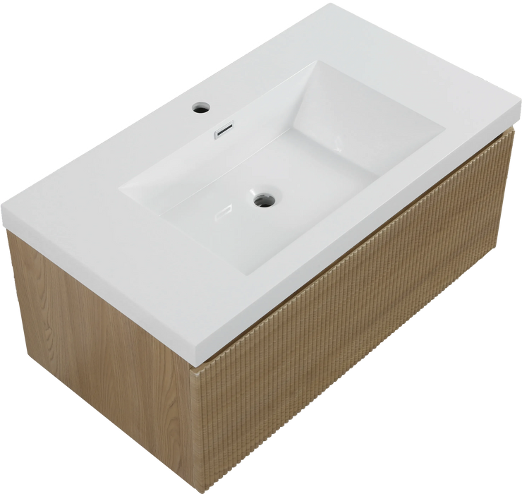 36'' Floating Bathroom Vanity with Sink Combo, Modern Wall-Mounted Striped Bathroom Storage Cabinet with Soft-Close Drawer and Glossy White Solid Surface Basin, Natural Oak 24V16-36NOW Default -DTYStore