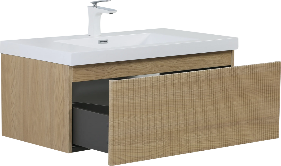 36'' Floating Bathroom Vanity with Sink Combo, Modern Wall-Mounted Striped Bathroom Storage Cabinet with Soft-Close Drawer and Glossy White Solid Surface Basin, Natural Oak 24V16-36NOW Default -DTYStore
