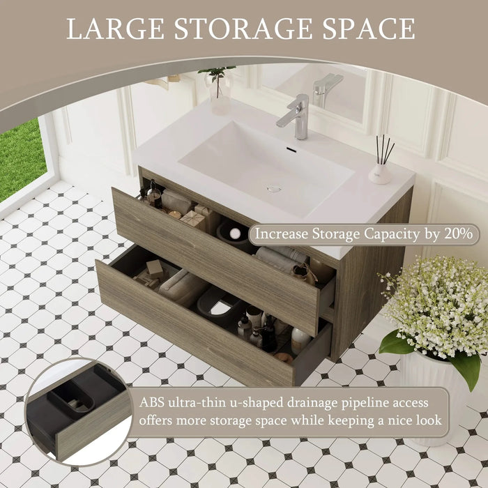 36' Floating Bathroom Vanity with Sink, Modern Wall-Mounted Bathroom Storage Vanity Cabinet with Resin Top Basin and Soft Close Drawers, Ash Grey 24V11-36AG Default -DTYStore