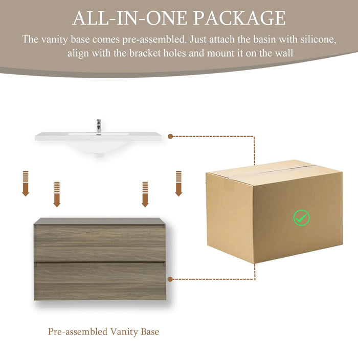 36' Floating Bathroom Vanity with Sink, Modern Wall-Mounted Bathroom Storage Vanity Cabinet with Resin Top Basin and Soft Close Drawers, Ash Grey 24V11-36AG Default -DTYStore