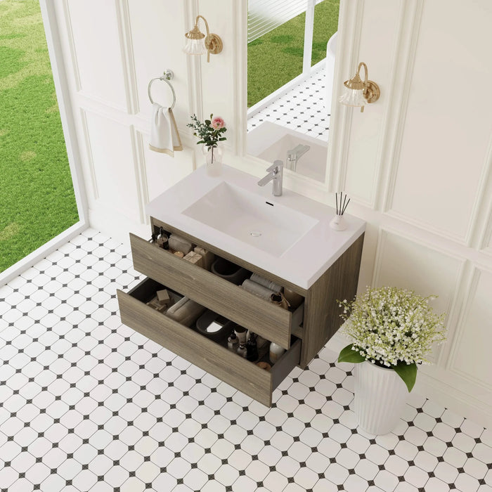 36' Floating Bathroom Vanity with Sink, Modern Wall-Mounted Bathroom Storage Vanity Cabinet with Resin Top Basin and Soft Close Drawers, Ash Grey 24V11-36AG Default -DTYStore