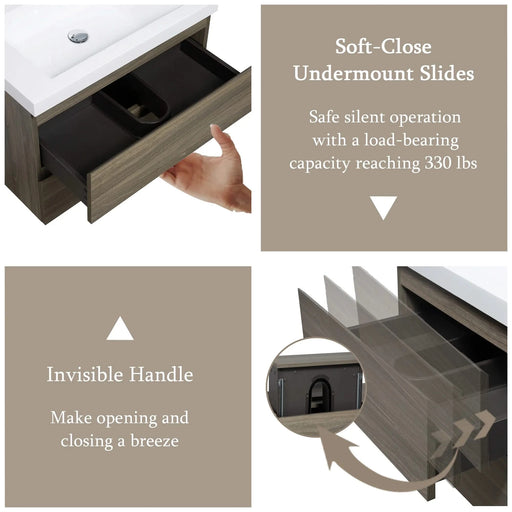 36' Floating Bathroom Vanity with Sink, Modern Wall-Mounted Bathroom Storage Vanity Cabinet with Resin Top Basin and Soft Close Drawers, Ash Grey 24V11-36AG Default -DTYStore