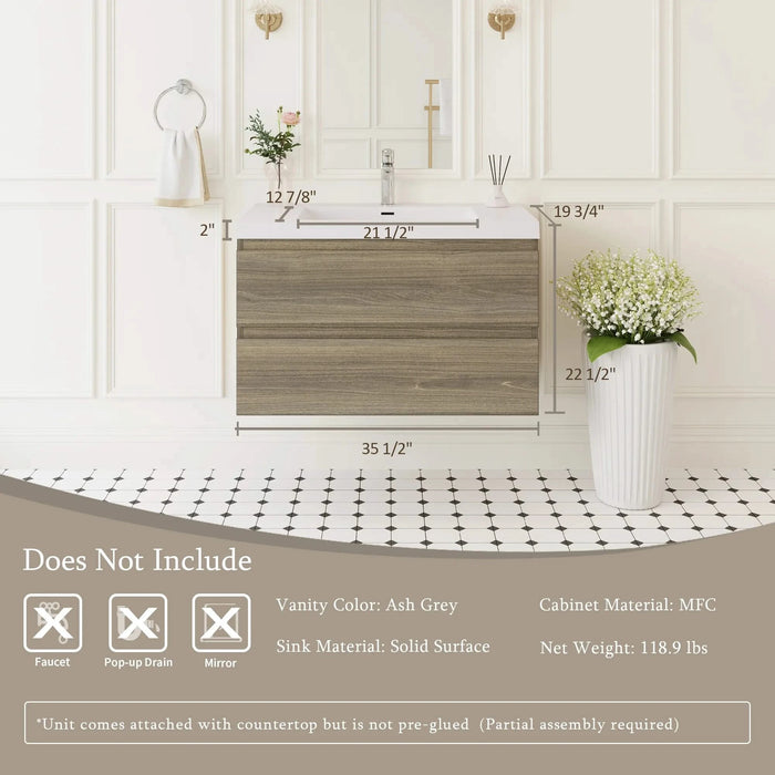36' Floating Bathroom Vanity with Sink, Modern Wall-Mounted Bathroom Storage Vanity Cabinet with Resin Top Basin and Soft Close Drawers, Ash Grey 24V11-36AG Default -DTYStore