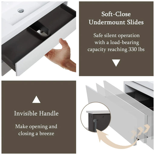 36' Floating Bathroom Vanity with Sink, Modern Wall-Mounted Bathroom Storage Vanity Cabinet with Resin Top Basin and Soft Close Drawers, Glossy White 24V11-36GW Default -DTYStore