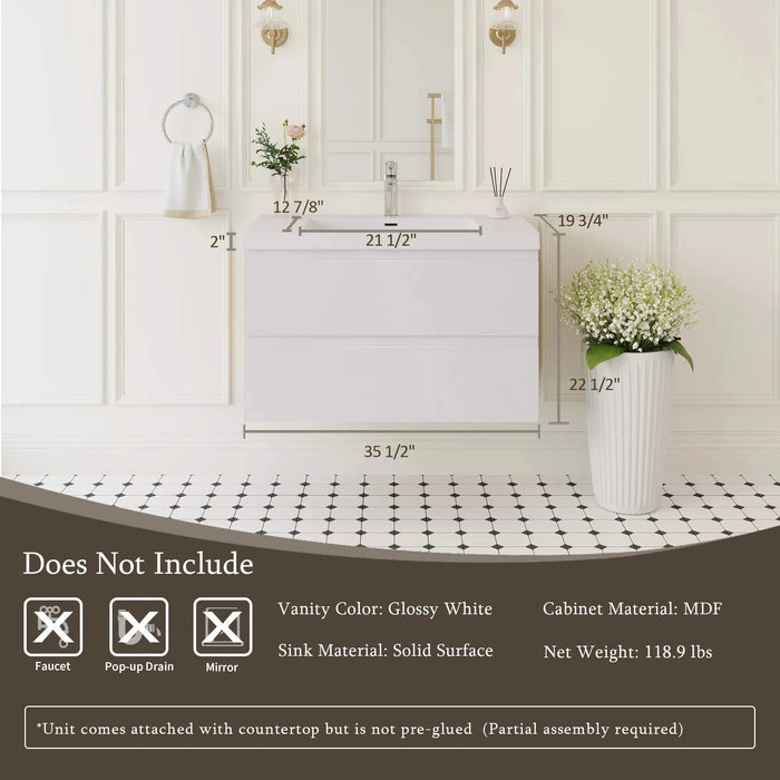 36' Floating Bathroom Vanity with Sink, Modern Wall-Mounted Bathroom Storage Vanity Cabinet with Resin Top Basin and Soft Close Drawers, Glossy White 24V11-36GW Default -DTYStore