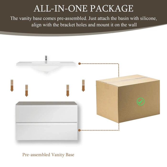 36' Floating Bathroom Vanity with Sink, Modern Wall-Mounted Bathroom Storage Vanity Cabinet with Resin Top Basin and Soft Close Drawers, Glossy White 24V11-36GW Default -DTYStore