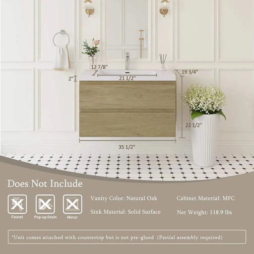 36' Floating Bathroom Vanity with Sink, Modern Wall-Mounted Bathroom Storage Vanity Cabinet with Resin Top Basin and Soft Close Drawers, Natural Oak 24V11-36NO Default -DTYStore