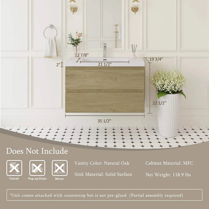 36' Floating Bathroom Vanity with Sink, Modern Wall-Mounted Bathroom Storage Vanity Cabinet with Resin Top Basin and Soft Close Drawers, Natural Oak 24V11-36NO Default -DTYStore