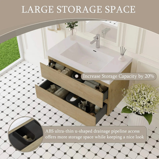 36' Floating Bathroom Vanity with Sink, Modern Wall-Mounted Bathroom Storage Vanity Cabinet with Resin Top Basin and Soft Close Drawers, Natural Oak 24V11-36NO Default -DTYStore