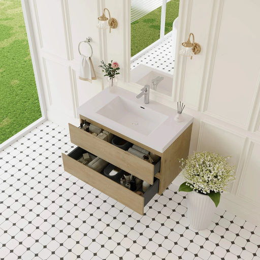 36' Floating Bathroom Vanity with Sink, Modern Wall-Mounted Bathroom Storage Vanity Cabinet with Resin Top Basin and Soft Close Drawers, Natural Oak 24V11-36NO Default -DTYStore
