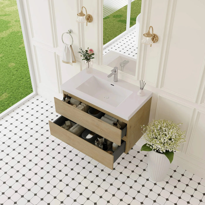 36' Floating Bathroom Vanity with Sink, Modern Wall-Mounted Bathroom Storage Vanity Cabinet with Resin Top Basin and Soft Close Drawers, Natural Oak 24V11-36NO Default -DTYStore