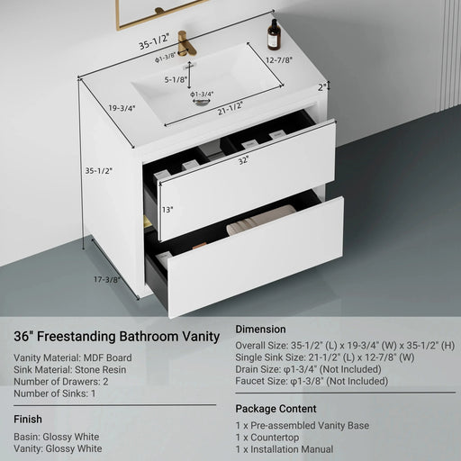 36' Freestanding Bathroom Vanity with Sink, Bathroom Storage Vanity Cabinet with Stone Resin Countertop and Soft Close Drawers, Glossy White 24V14-36GW Default -DTYStore