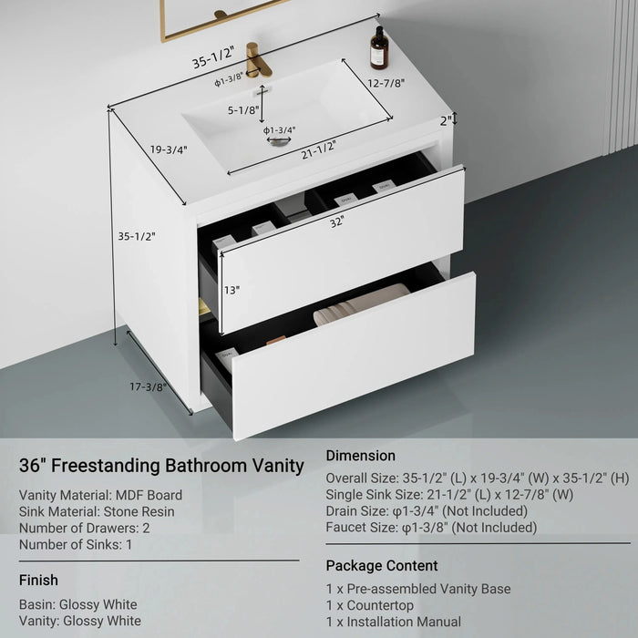 36' Freestanding Bathroom Vanity with Sink, Bathroom Storage Vanity Cabinet with Stone Resin Countertop and Soft Close Drawers, Glossy White 24V14-36GW Default -DTYStore