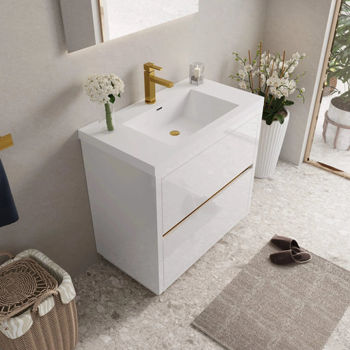 36' Freestanding Bathroom Vanity with Sink, Bathroom Storage Vanity Cabinet with Stone Resin Countertop and Soft Close Drawers, Glossy White 24V14-36GW Default -DTYStore