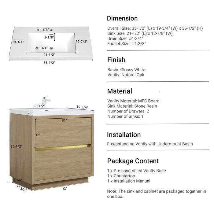 36' Freestanding Bathroom Vanity with Sink, Bathroom Storage Vanity Cabinet with Stone Resin Countertop and Soft Close Drawers, Natural Oak 24V14-36NO Default -DTYStore