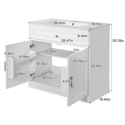 36' Luxurious Bathroom Vanity with Ceramic Sink, Bathroom Vanities Cabinet with 2 large Soft Closing Doors, Solid Wood Frame Bathroom Storage Cabinet Default -DTYStore