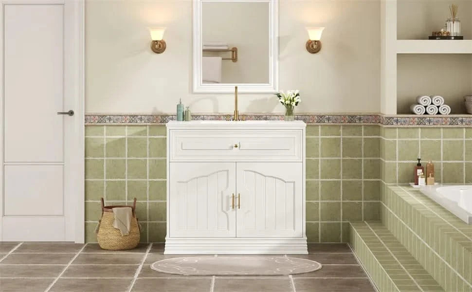 36' Luxurious Bathroom Vanity with Ceramic Sink, Bathroom Vanities Cabinet with 2 large Soft Closing Doors, Solid Wood Frame Bathroom Storage Cabinet Default -DTYStore