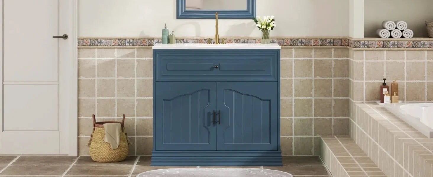 36' Luxurious Bathroom Vanity with Ceramic Sink, Bathroom Vanities Cabinet with 2 large Soft Closing Doors, Solid Wood Frame Bathroom Storage Cabinet Default -DTYStore