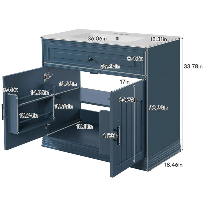 36' Luxurious Bathroom Vanity with Ceramic Sink, Bathroom Vanities Cabinet with 2 large Soft Closing Doors, Solid Wood Frame Bathroom Storage Cabinet Default -DTYStore