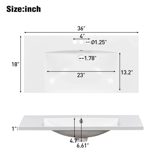 36' Single Bathroom Basin Sink, Vanity Top Only, 3-Faucet Holes, Resin (OLD SKU: WF310598AAK) Default -DTYStore